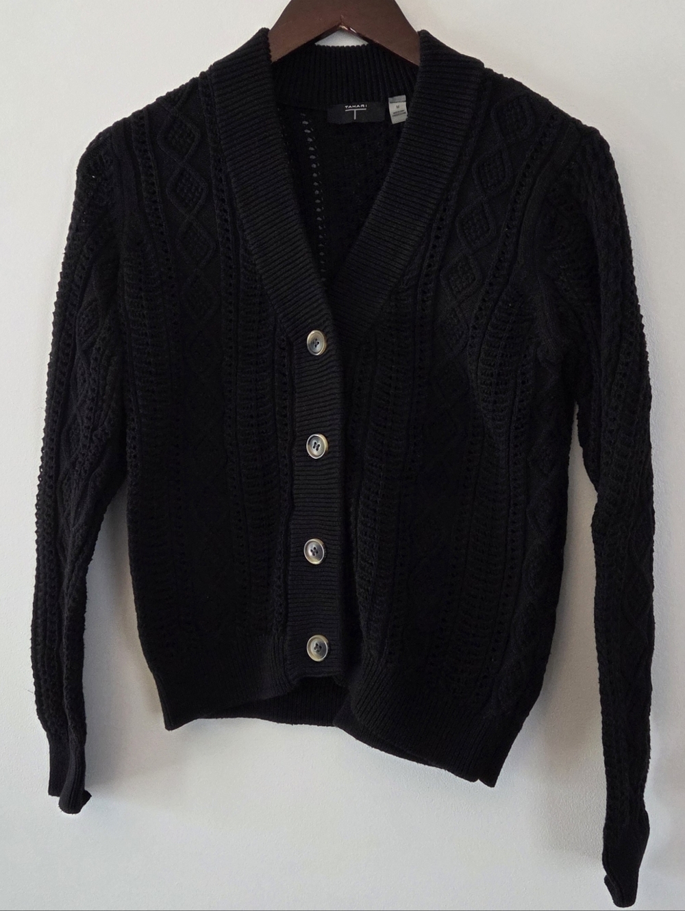 Tahari Black Cable-Knit Button-Down Cardigan